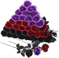 36 Pcs Black Purple Red Artificial Roses with Black Long Stems in Black Purple Red With Black Stems