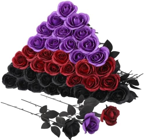 36 Pcs Black Purple Red Artificial Roses with Black Long Stems in Black Purple Red With Black Stems