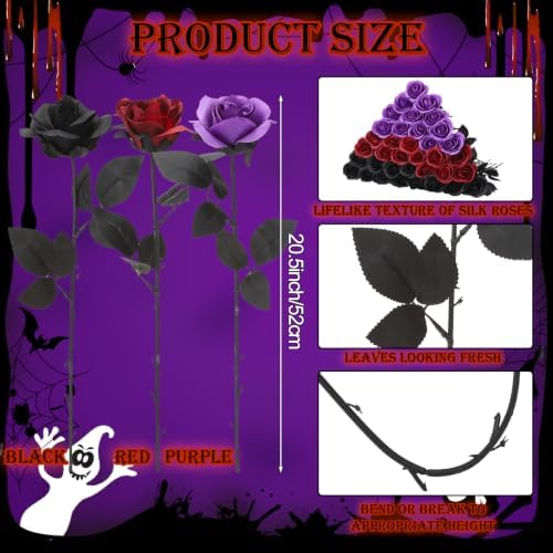 36 Pcs Black Purple Red Artificial Roses with Black Long Stems in Black Purple Red With Black Stems, alternate view 2