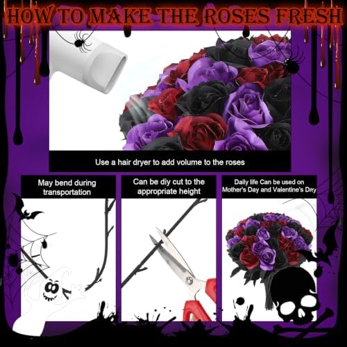 36 Pcs Black Purple Red Artificial Roses with Black Long Stems in Black Purple Red With Black Stems, alternate view 3