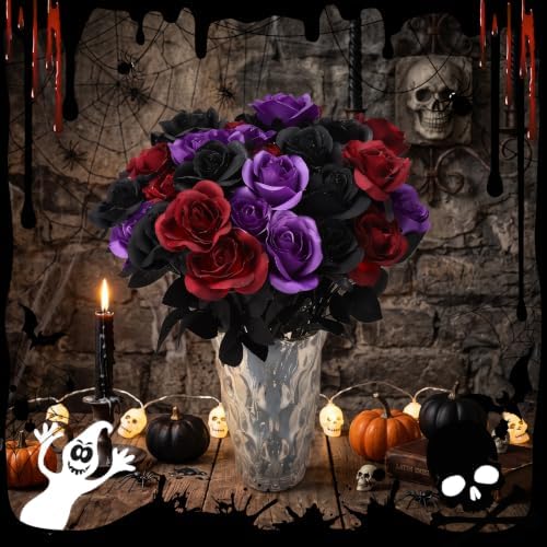 36 Pcs Black Purple Red Artificial Roses with Black Long Stems in Black Purple Red With Black Stems, alternate view 5
