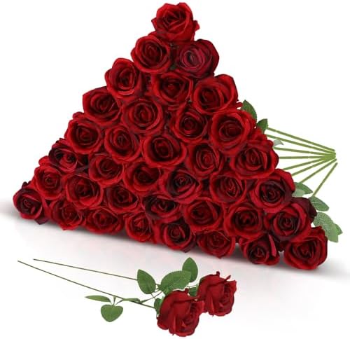 36 Pcs Burgundy Artificial Roses with Long Stems in Burgundy