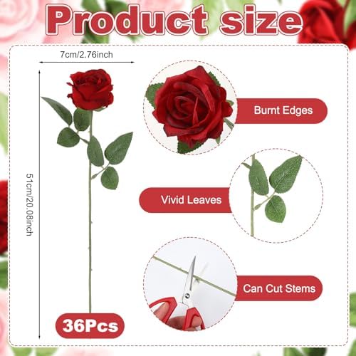 36 Pcs Burgundy Artificial Roses with Long Stems in Burgundy, alternate view 2