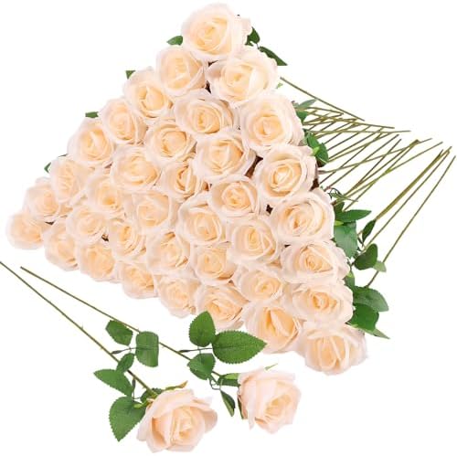 36 Pcs Champagne Artificial Roses with Long Stems in Champagne