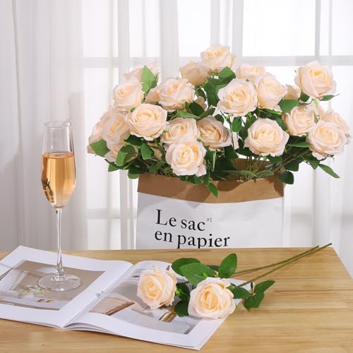 36 Pcs Champagne Artificial Roses with Long Stems in Champagne, alternate view 4
