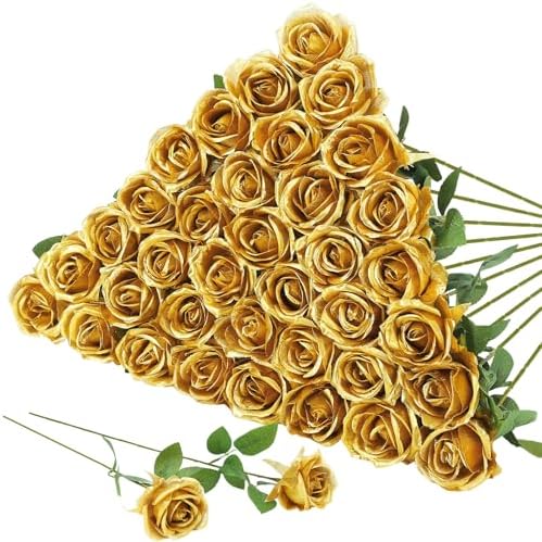 36 Pcs Gold Artificial Roses with Long Stems in Gold