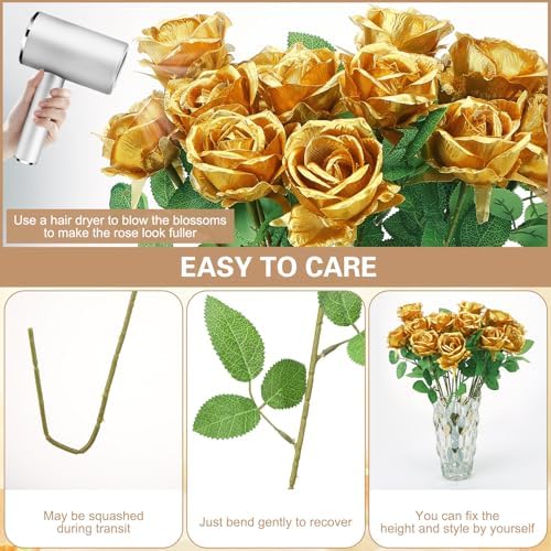 36 Pcs Gold Artificial Roses with Long Stems in Gold, alternate view 3