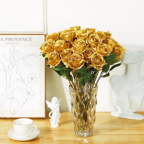 36 Pcs Gold Artificial Roses with Long Stems in Gold, alternate view 4
