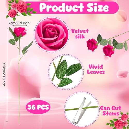 36 Pcs Hot Pink Artificial Roses with Long Stems in Hot Pink, alternate view 2