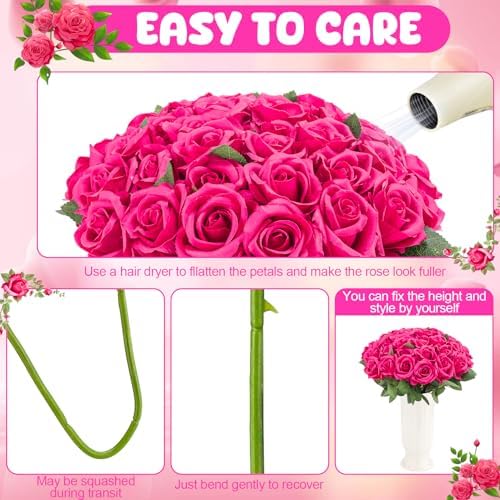 36 Pcs Hot Pink Artificial Roses with Long Stems in Hot Pink, alternate view 3