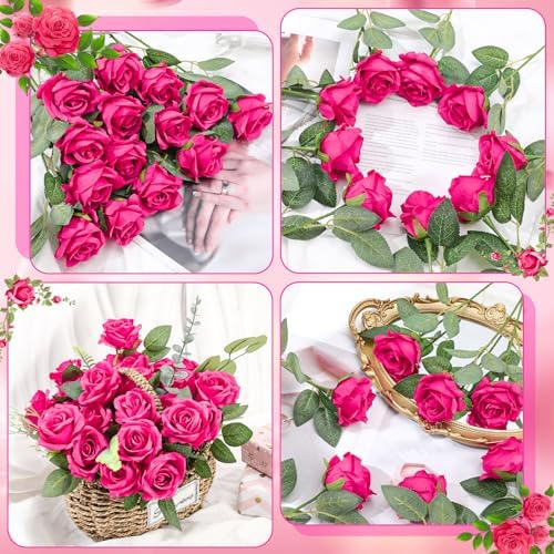 36 Pcs Hot Pink Artificial Roses with Long Stems in Hot Pink, alternate view 6