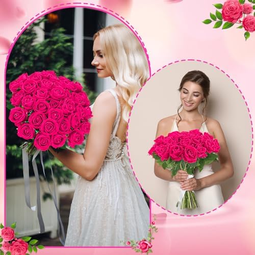 36 Pcs Hot Pink Artificial Roses with Long Stems in Hot Pink, alternate view 7