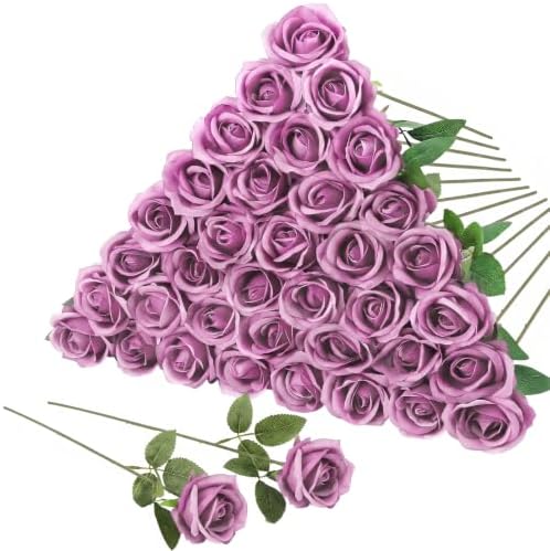 36 Pcs Lilac Purple Artificial Roses with Long Stems in Lilac