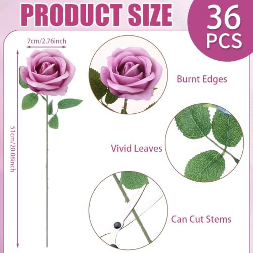 36 Pcs Lilac Purple Artificial Roses with Long Stems in Lilac, alternate view 2