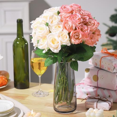 36 Pcs Pink Champagne Rose Artificial Flowers Bulk with Long Stem in Pink, Champagne, alternate view 5
