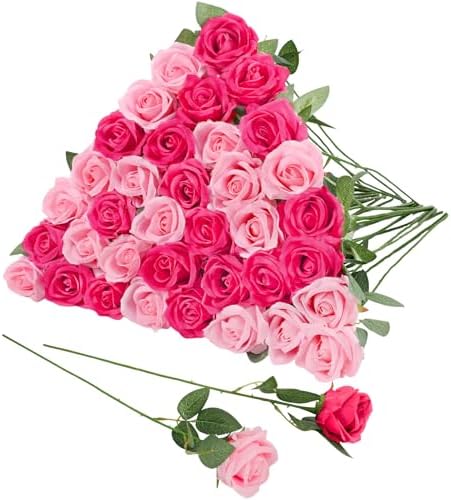 36 Pcs Pink, Hot Pink Artificial Roses with Long Stems in Pink, hot Pink