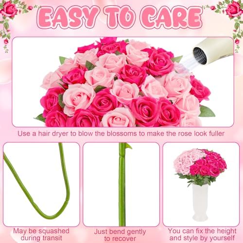 36 Pcs Pink, Hot Pink Artificial Roses with Long Stems in Pink, hot Pink, alternate view 3
