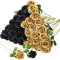 36 Pcs Silk Black Gold Rose Bouquet Bridal Artificial Flowers in Black, Gold