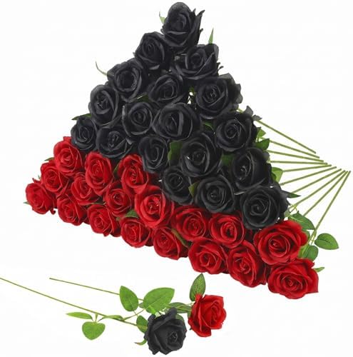 36 Pcs Silk Black Red Rose Bouquet Bridal Artificial Flowers in Black, Red