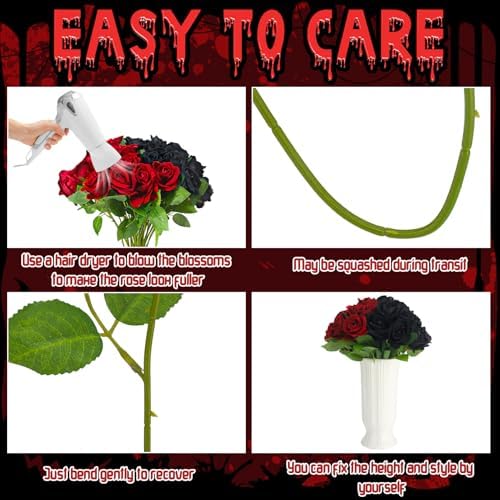 36 Pcs Silk Black Red Rose Bouquet Bridal Artificial Flowers in Black, Red, alternate view 2