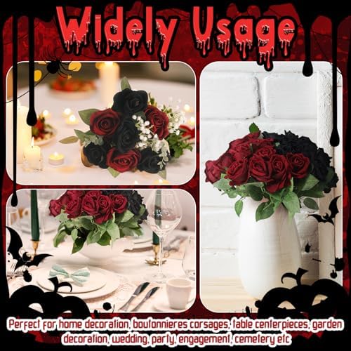 36 Pcs Silk Black Red Rose Bouquet Bridal Artificial Flowers in Black, Red, alternate view 5