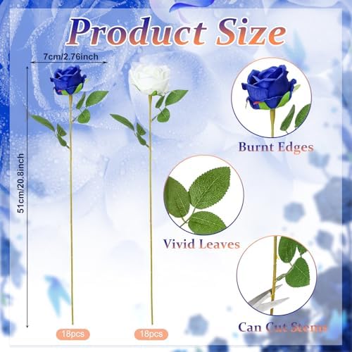 36 Pcs Silk Blue White Rose Bouquet Bridal Artificial Flowers in Blue, White, alternate view 2