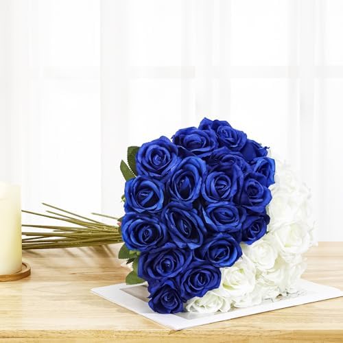 36 Pcs Silk Blue White Rose Bouquet Bridal Artificial Flowers in Blue, White, alternate view 4