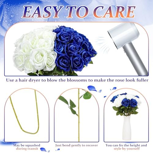 36 Pcs Silk Blue White Rose Bouquet Bridal Artificial Flowers in Blue, White, alternate view 5
