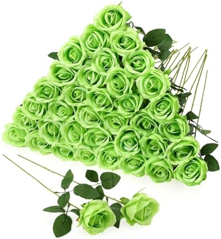 36 Pcs Silk Green Rose Bouquet Bridal Artificial Flowers in Light Green