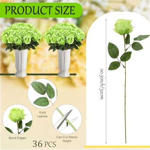 36 Pcs Silk Green Rose Bouquet Bridal Artificial Flowers in Light Green, alternate view 2