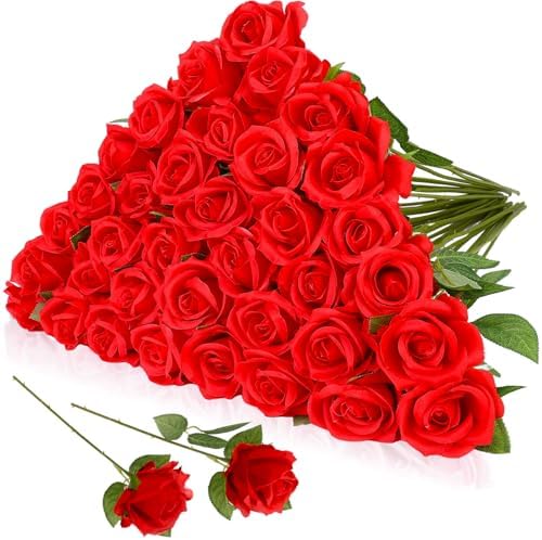 36 Pcs Silk Red Rose Bouquet Bridal Artificial Flowers in Red