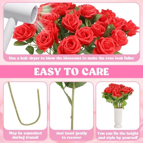36 Pcs Silk Red Rose Bouquet Bridal Artificial Flowers in Red, alternate view 6