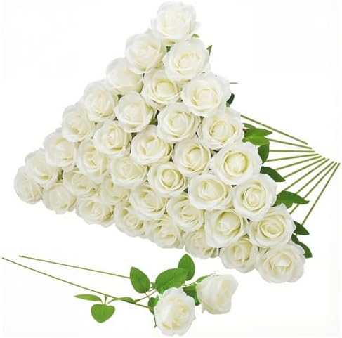 36 Pcs Silk White Rose Bouquet Bridal Artificial Flowers in White