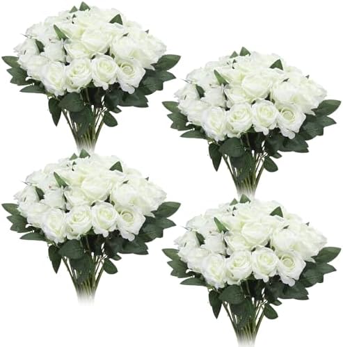 36 Pcs Silk White Rose Bouquet Bridal Artificial Flowers in White, alternate view 2