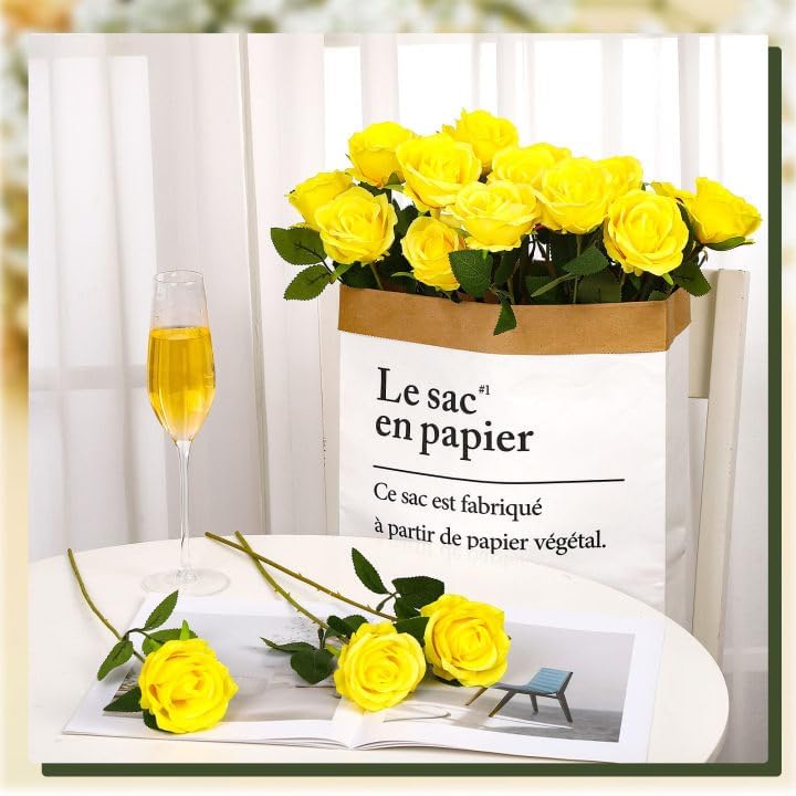 36 Pcs Silk Yellow Rose Bouquet Bridal Artificial Flowers in Yellow, alternate view 2
