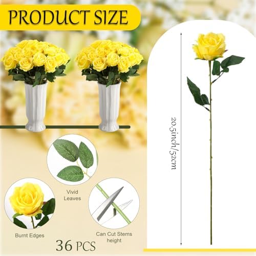 36 Pcs Silk Yellow Rose Bouquet Bridal Artificial Flowers in Yellow, alternate view 3