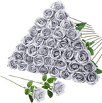 36 Pcs Silver Artificial Roses with Long Stems in Silver