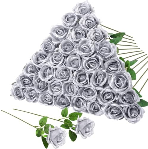 36 Pcs Silver Artificial Roses with Long Stems in Silver
