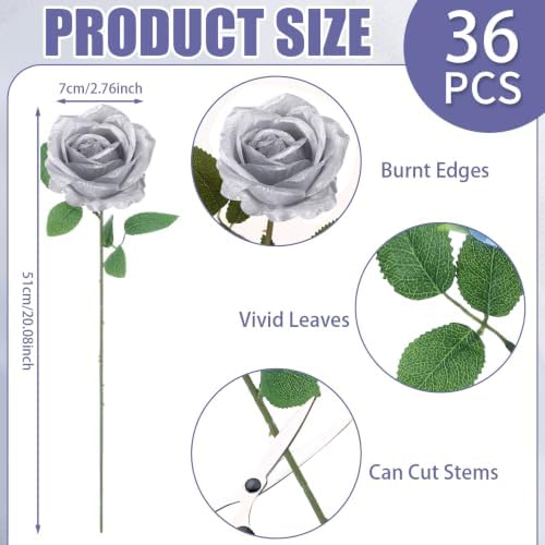 36 Pcs Silver Artificial Roses with Long Stems in Silver, alternate view 2