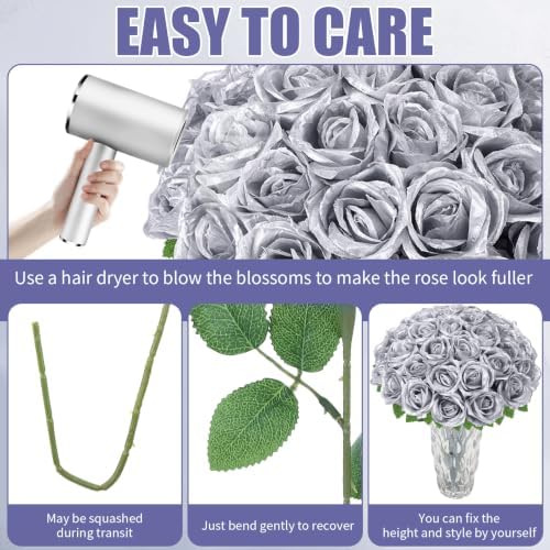 36 Pcs Silver Artificial Roses with Long Stems in Silver, alternate view 3
