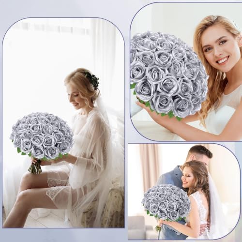 36 Pcs Silver Artificial Roses with Long Stems in Silver, alternate view 4