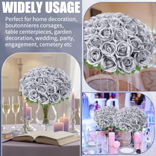 36 Pcs Silver Artificial Roses with Long Stems in Silver, alternate view 6