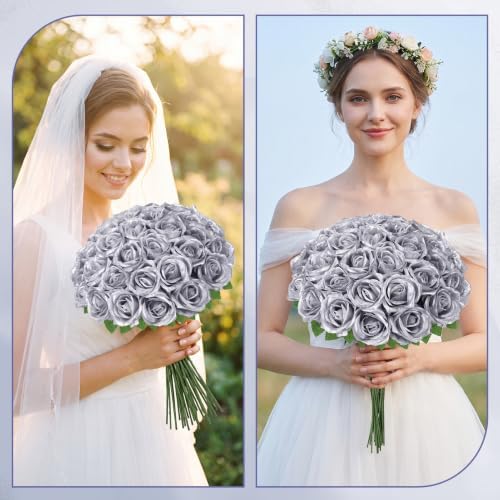 36 Pcs Silver Artificial Roses with Long Stems in Silver, alternate view 7