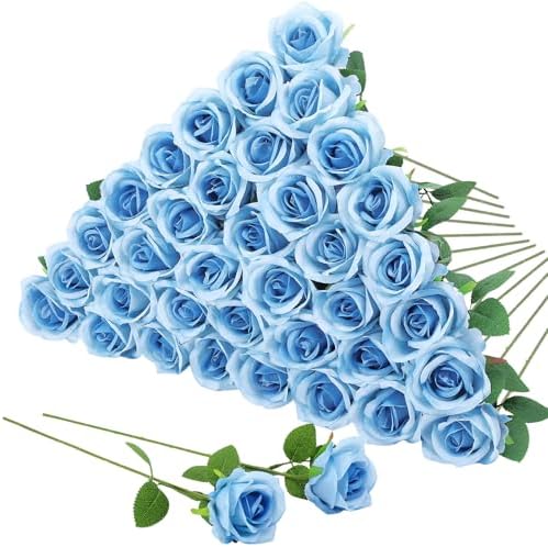 36 Pcs Sky Blue Artificial Roses with Long Stems in Sky Blue