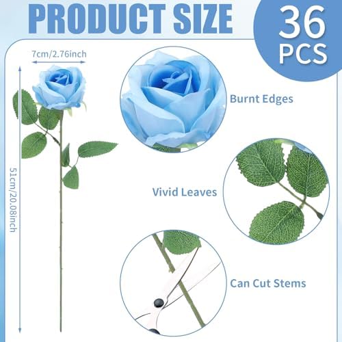 36 Pcs Sky Blue Artificial Roses with Long Stems in Sky Blue, alternate view 2