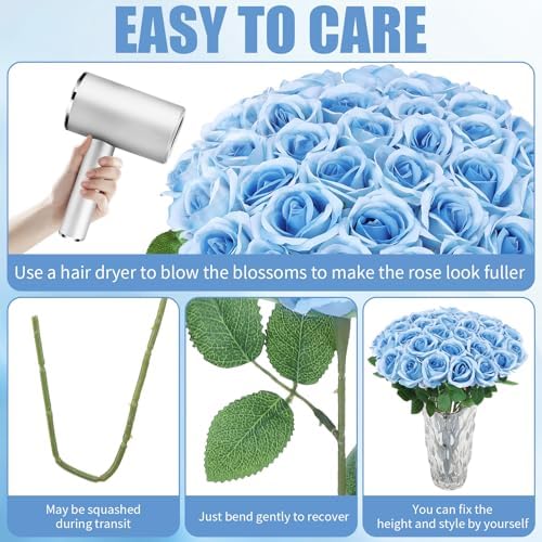 36 Pcs Sky Blue Artificial Roses with Long Stems in Sky Blue, alternate view 3