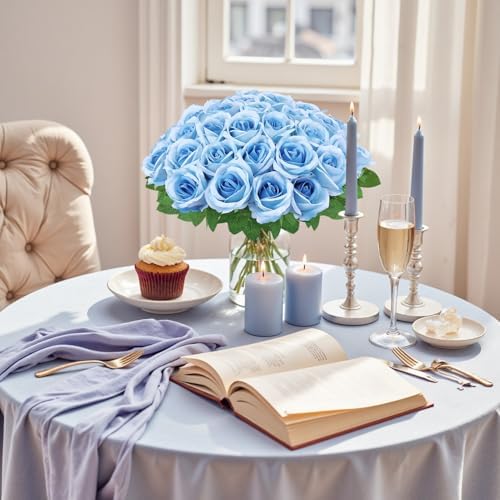 36 Pcs Sky Blue Artificial Roses with Long Stems in Sky Blue, alternate view 4