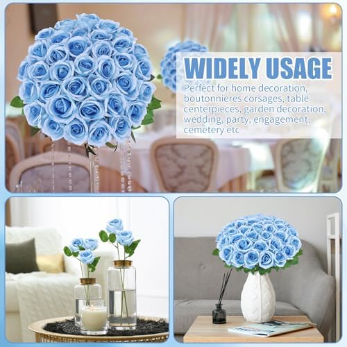36 Pcs Sky Blue Artificial Roses with Long Stems in Sky Blue, alternate view 6