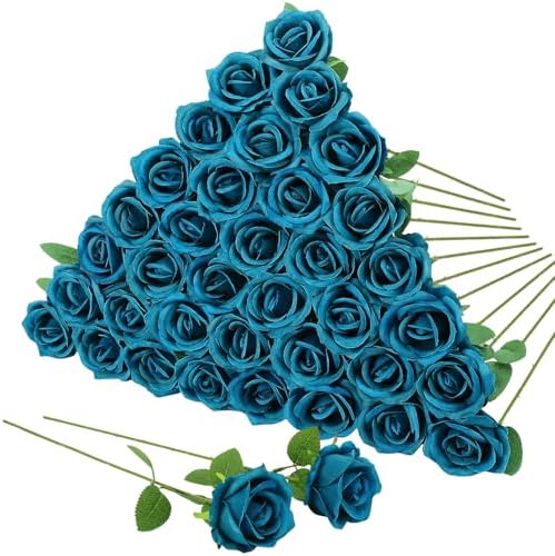 36 Pcs Teal Artificial Roses with Long Stems in Teal