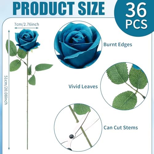 36 Pcs Teal Artificial Roses with Long Stems in Teal, alternate view 2